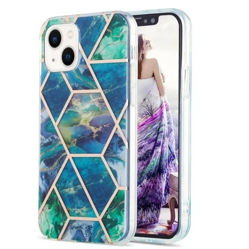 Funda para iPhone 14 Galvanoplastia Empalme Mármol Patrón de Flores Doble Cara Imd TPU a Prueba de Golpes (Azul Verde)