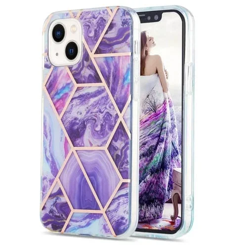 Funda para iPhone 14 Galvanoplastia Empalme Mármol Patrón de Flores Doble Cara Imd TPU a Prueba de Golpes (Púrpura Oscuro)