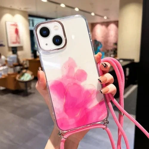 Funda para iPhone 14 Gold Halo Marble con Cordón Rosa