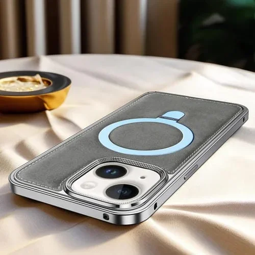 Funda para iPhone 14 Marco de Metal Cuero Encerado y Magsafe con Soporte Hebilla (Gris)