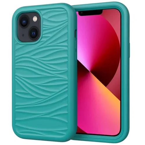 Funda para iPhone 14 Patrón de Onda 3 en 1 Silicona + PC a Prueba de Golpes (Verde Oscuro)