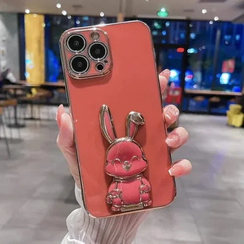 Funda para iPhone 14 Plating Rabbit Holder Phone Case (Rojo)