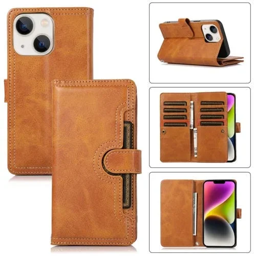 Funda para iPhone 14 Plus Cuero con Ranura para Tarjeta y Pulsera (Marrón)