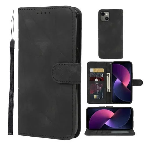 Funda para iPhone 14 Plus Skin Feel Cuero con Líneas Geométricas (Negro)
