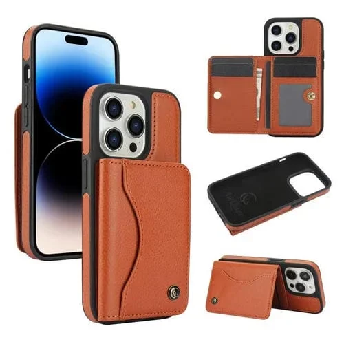 Funda para iPhone 14 Pro Awquer Cuero Tapa Horizontal Tarjetas Soporte (Marrón)
