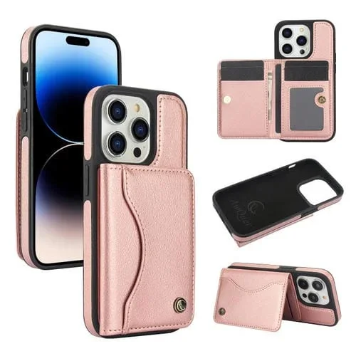 Funda para iPhone 14 Pro Max Awquer Cuero Tapa Horizontal Tarjetas Soporte (Oro Rosa)