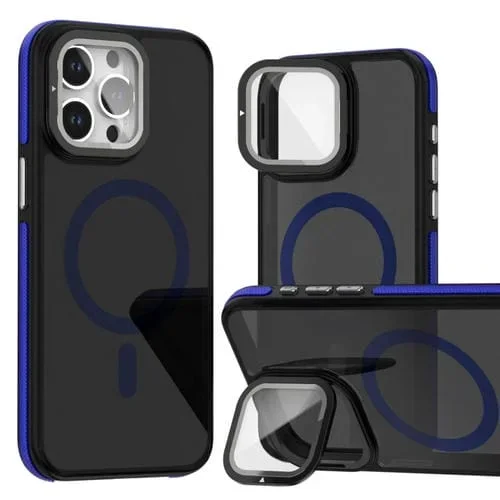 Funda para iPhone 14 Pro Max con Lente Magsafe Dos Colores Tacto Piel Soporte Plegable (Azul)