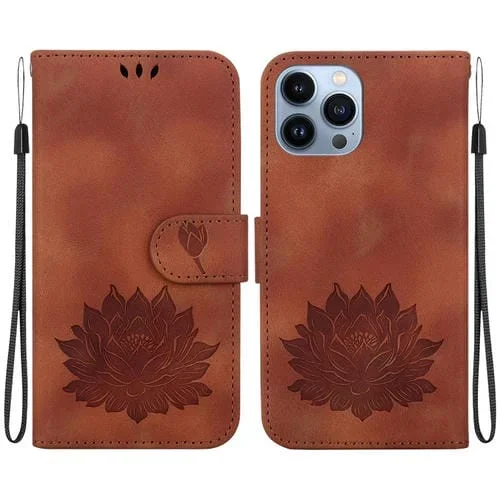 Funda para iPhone 14 Pro Max de Cuero con Relieve de Loto (Marrón)