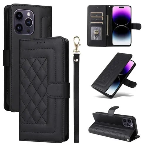 Funda para iPhone 14 Pro Max Diamond Lattice de Cuero con Tapa (Negro)