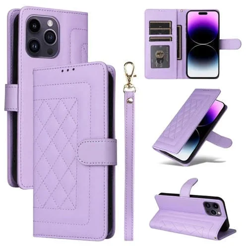 Funda para iPhone 14 Pro Max Diamond Lattice de Cuero con Tapa (Púrpura Claro)