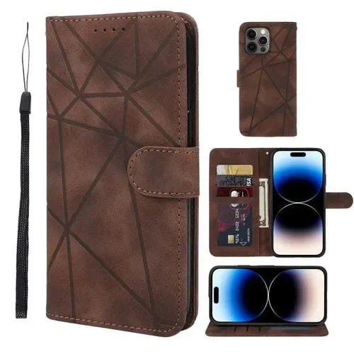 Funda para iPhone 14 Pro Max Skin Feel Cuero Líneas Geométricas (Marrón)