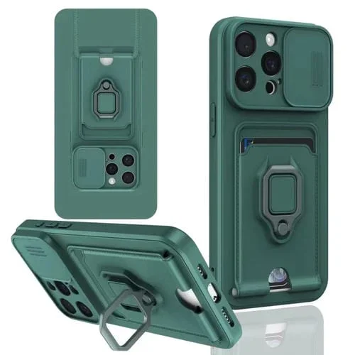 Funda para iPhone 14 Pro Sliding Camshield de Silicona con Tarjetero Magnético (Verde Noche Oscuro)