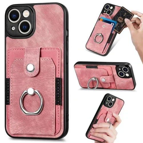 Funda para iPhone 14 Retro Skin-Feel Ring Card Wallet Phone Case (Rosa)