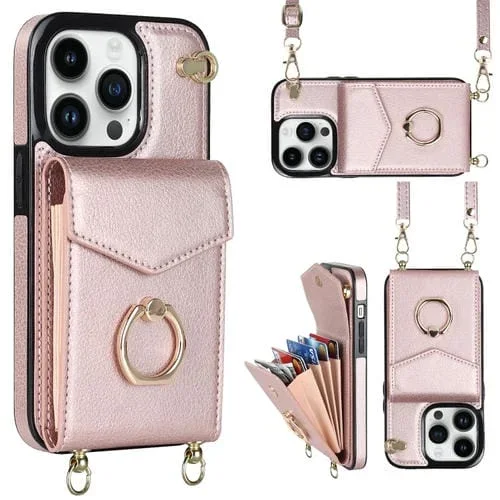 Funda para iPhone 14 Ring Holder con Ranura RFID y Cordón Largo (Oro Rosa)