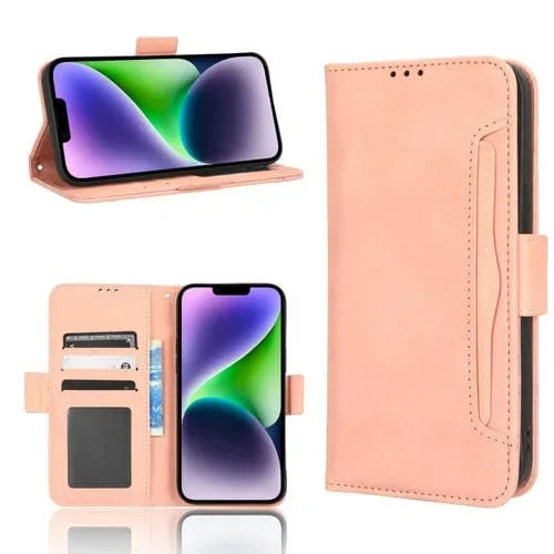 Funda para iPhone 14 Skin Feel Becerro Textura Ranuras para Tarjetas Cuero (Rosa)