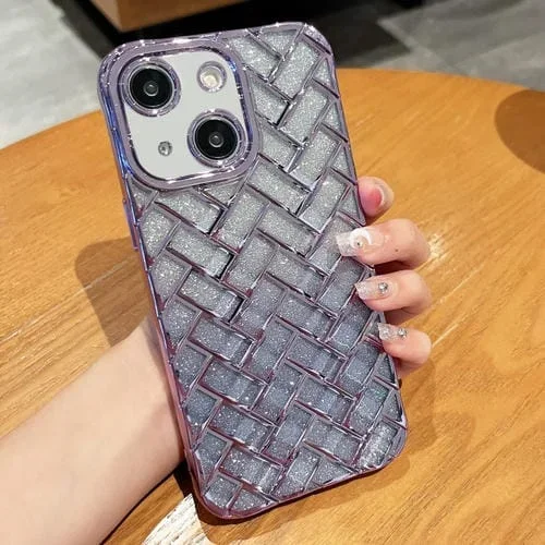 Funda para iPhone 14 Woven Grid 3D Galvanoplastia Grabado Láser Glitter Paper (Púrpura)