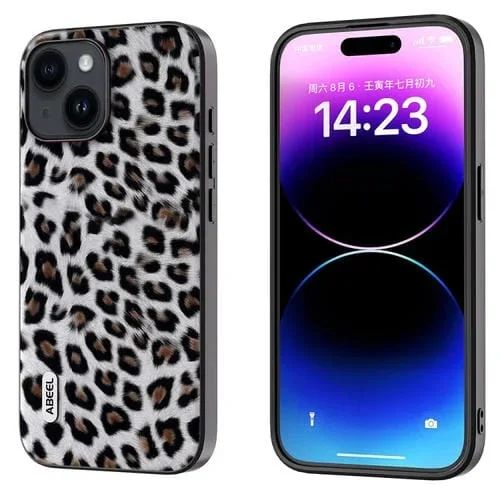 Funda para iPhone 15 Abeel Black Edge Leopard Phone Case (Silver Leopard)