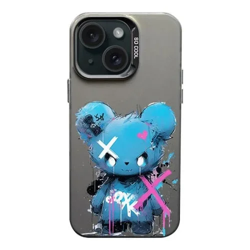 Funda para iPhone 15 Color Ink Frosted PC y Estuche TPU Oso Azul