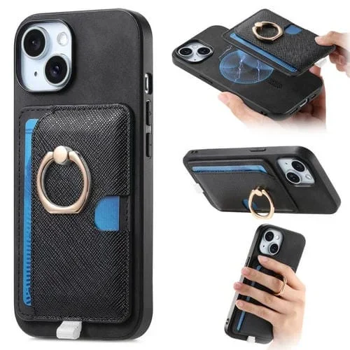 Funda para iPhone 15 Cuero con Ranuras para Tarjetas y Anillo Diseño Retro (Negro)