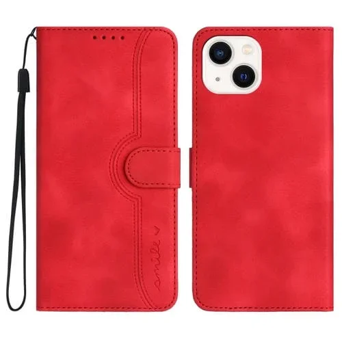 Funda para iPhone 15 de Cuero con Sensación de Piel y Patrón de Corazón (Rojo)
