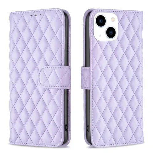 Funda para iPhone 15 Diamond Lattice Wallet Flip de Cuero para Teléfono (Púrpura)