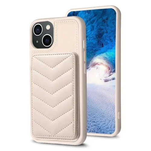 Funda para iPhone 15 Plus Bf26 Wave Pattern Card Bag Holder Phone Case (Beige)