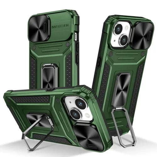Funda para iPhone 15 Plus Camshield Robot TPU Hybrid PC Protección (Verde)