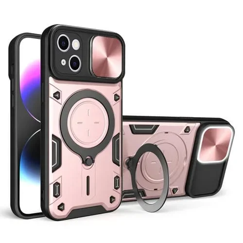 Funda para iPhone 15 Plus Cd Texture Sliding Camshield Magnetic Holder Phone Case (Rosa)