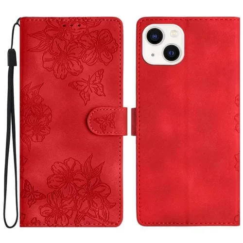 Funda para iPhone 15 Plus Cherry Blossom Butterfly Skin Feel de PU en Relieve (Rojo)