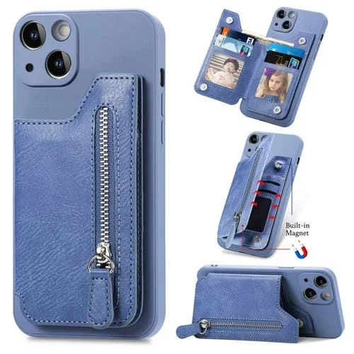Funda para iPhone 15 Plus con Cremallera y Parte Trasera de Cuero a Prueba de Golpes (Azul)