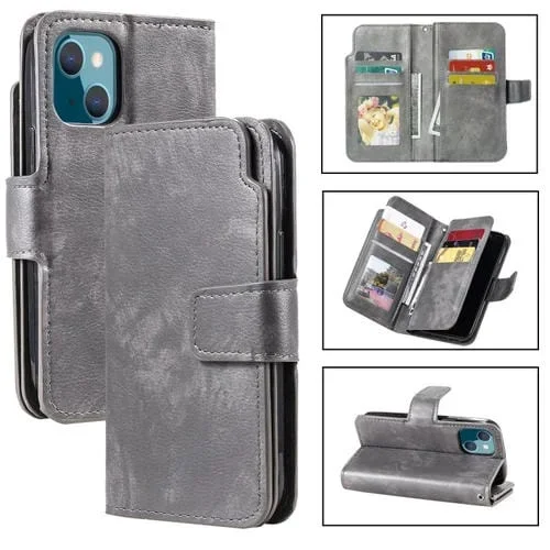 Funda para iPhone 15 Plus de Cuero con Billetera Triple para 9 Tarjetas (Gris)