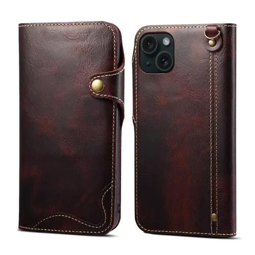 Funda para iPhone 15 Plus Denior Oil Wax Cuero de Vaca Botón Magnético (Rojo Oscuro)