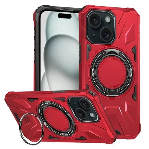 Funda para iPhone 15 Plus Magsafe Magnética a Prueba de Golpes con Soporte para Anillo (Rojo)