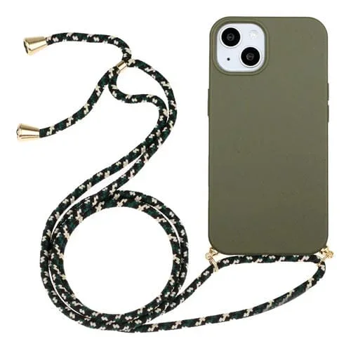 Funda para iPhone 15 Plus Material de Paja de Trigo + TPU con Cordón (Verde Militar)