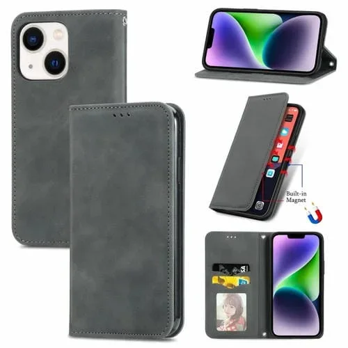 Funda para iPhone 15 Plus Retro Skin Feel con Tapa Magnética de Cuero (Gris)