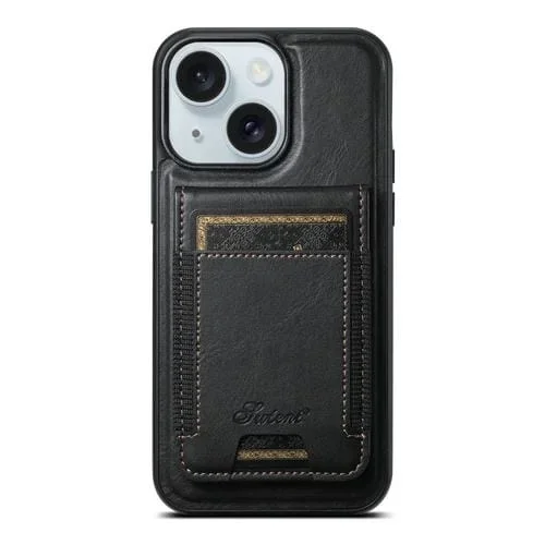 Funda para iPhone 15 Plus Suteni H17 Oil Eax Leather Magsafe con Billetera Desmontable (Negro)