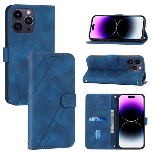 Funda para iPhone 15 Pro Cuero con Línea en Relieve y Cordón (Azul)