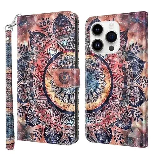 Funda para iPhone 15 Pro Cuero Pintada en 3D Mandala Colorida