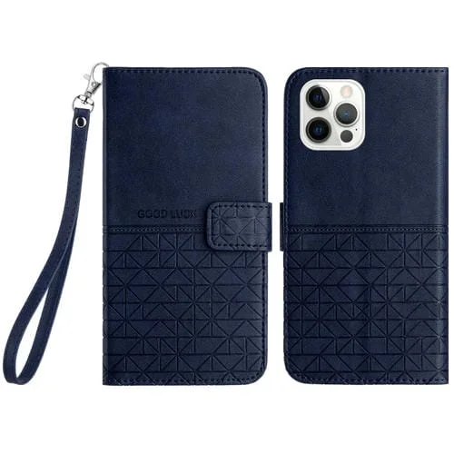 Funda para iPhone 15 Pro Cuero Textura Rómbica con Cordón (Azul)