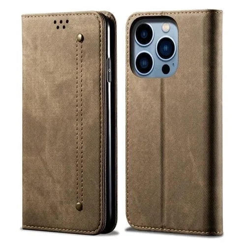 Funda para iPhone 15 Pro Denim Texture Cuero con Tapa Horizontal (Caqui)