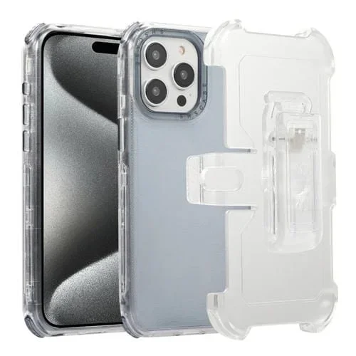 Funda para iPhone 15 Pro Frosted PC y Estuche TPU con Clip Trasero (Azul Transparente)