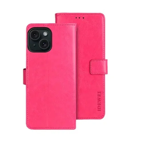 Funda para iPhone 15 Pro Idewei Crazy Horse Texture de Cuero con Soporte (Rojo Rosa)