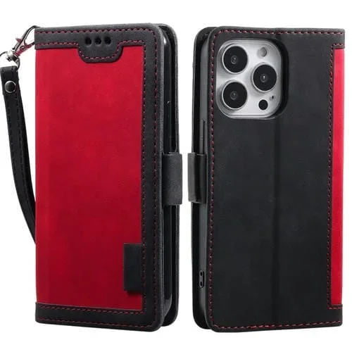Funda para iPhone 15 Pro Leather Phone Case Retro Splicing Horizontal Flip (Rojo)
