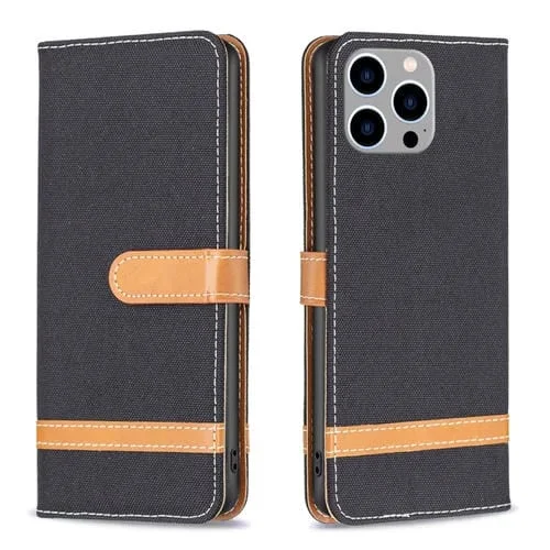 Funda para iPhone 15 Pro Max Color Block Denim Texture Leather Phone Case (Negro)