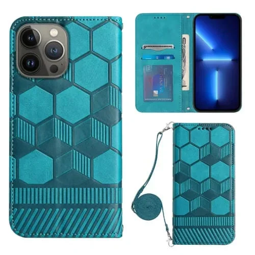 Funda para iPhone 15 Pro Max Crossbody Football Texture Magnetic PU Case (Azul Claro)