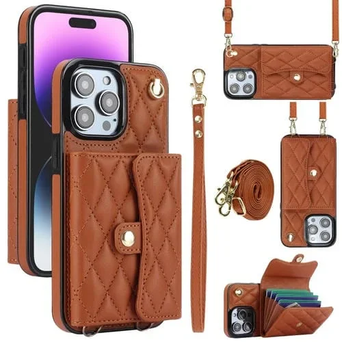 Funda para iPhone 15 Pro Max Crossbody Rhombic Horizontal Wallet de Cuero (Marrón)