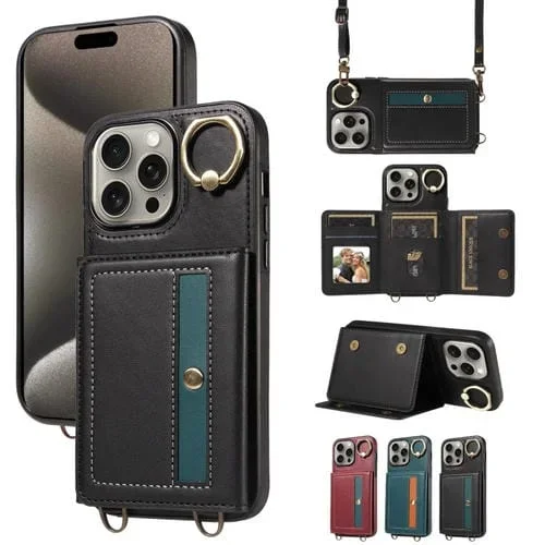 Funda para iPhone 15 Pro Max Cuero con Soporte para Anillo y Bolso Cruzado para Tarjetas (Negro)