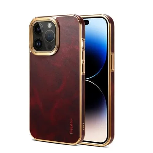 Funda para iPhone 15 Pro Max Denior Oil Wax Cowhide Plating (Rojo)