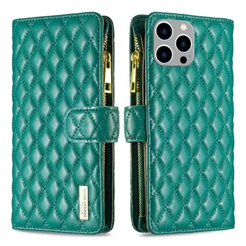 Funda para iPhone 15 Pro Max Diamond Lattice Zipper Wallet de Cuero con Tapa (Verde)