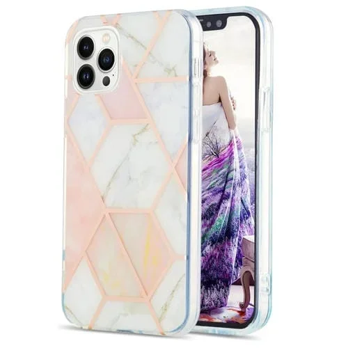 Funda para iPhone 15 Pro Max Galvanoplastia Empalme Mármol Patrón Flores Doble Cara Imd TPU (Rosa Blanco)